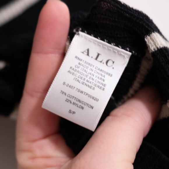 A.L.C. Cooper Top Black White Stripe Stretch Knit Polo Henley Zipper SZ S - Picture 7 of 7